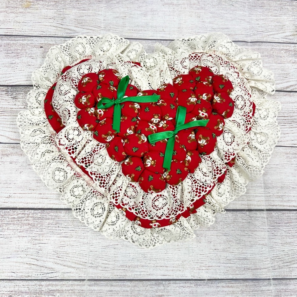 Vintage Handmade Christmas Heart Ornament Wall Decor Lace Trim Grandmacore Bears